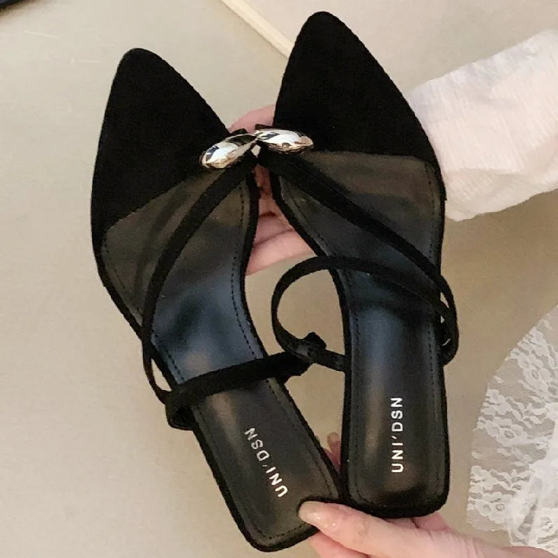 Leopard Print Narrow Band Design Sandals Metal Decoration Pointed Toe Slide Sandal Comfortable Non-slip Beach Shoe