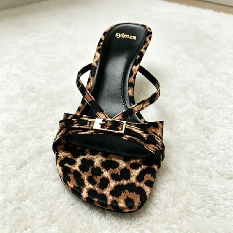 Leopard Print Silk Narrow Band Mules Sandals Buckle Detail Slide Sandals Open-toe Stiletto Party Dress Shoes