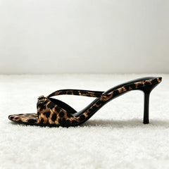 Leopard Print Silk Narrow Band Mules Sandals Buckle Detail Slide Sandals Open-toe Stiletto Party Dress Shoes