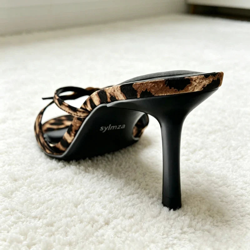 Leopard Print Silk Narrow Band Mules Sandals Buckle Detail Slide Sandals Open-toe Stiletto Party Dress Shoes