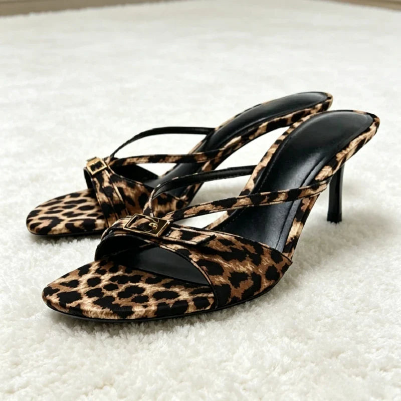 Leopard Print Silk Narrow Band Mules Sandals Buckle Detail Slide Sandals Open-toe Stiletto Party Dress Shoes