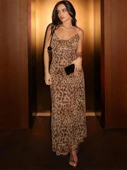Leopard Print Swing Collar Spaghetti Straps Backless Ruffles Maxi Dress