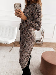 Casual Leopard Printed V-neck Long Sleeves Bodycon Irregular Dress