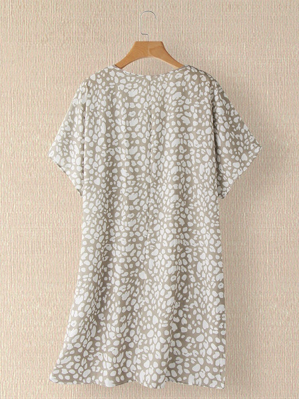 Leopard Printed V-neck Casual Short Sleeve Pocket Mini Dress