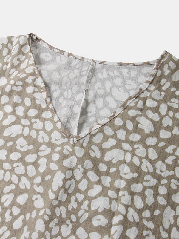 Leopard Printed V-neck Casual Short Sleeve Pocket Mini Dress