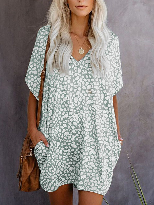 Leopard Printed V-neck Casual Short Sleeve Pocket Mini Dress