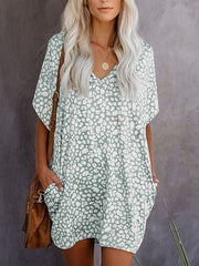 Leopard Printed V-neck Casual Short Sleeve Pocket Mini Dress