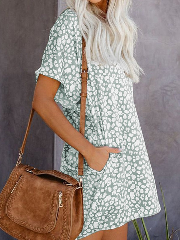 Leopard Printed V-neck Casual Short Sleeve Pocket Mini Dress