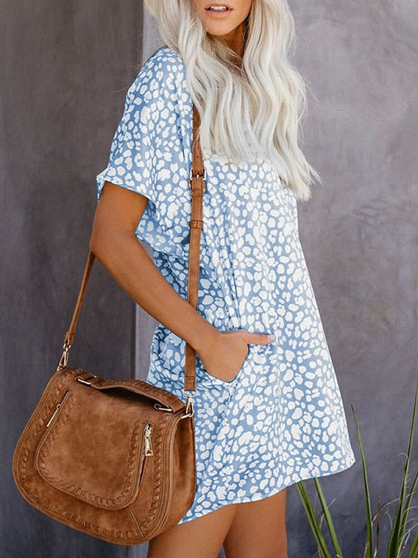 Leopard Printed V-neck Casual Short Sleeve Pocket Mini Dress