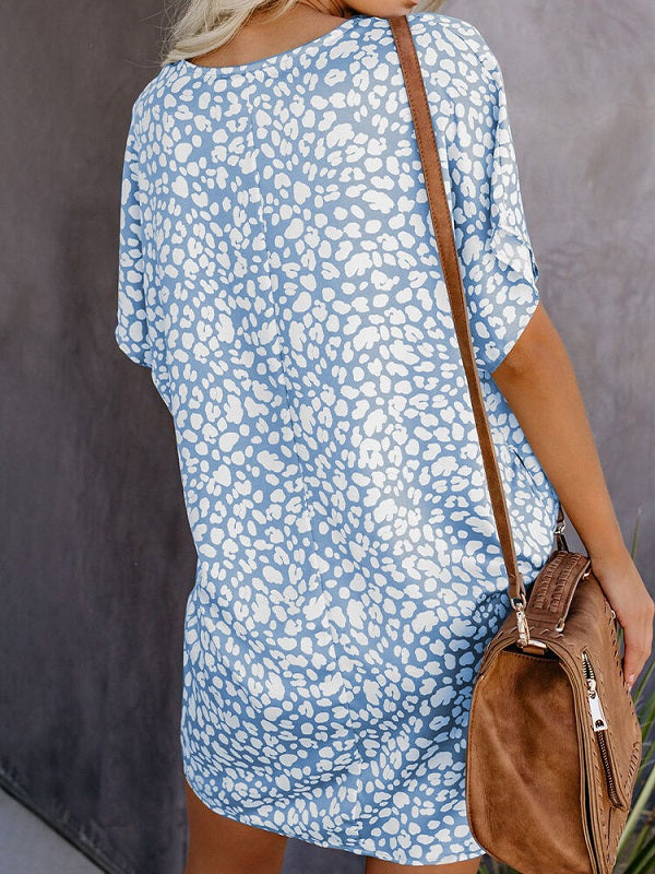 Leopard Printed V-neck Casual Short Sleeve Pocket Mini Dress