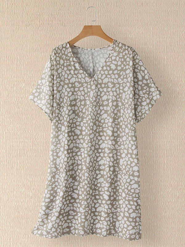 Leopard Printed V-neck Casual Short Sleeve Pocket Mini Dress