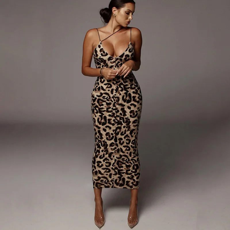 Leopard Sheath Spaghetti Strap High Stretch Bodycon Midi Dress