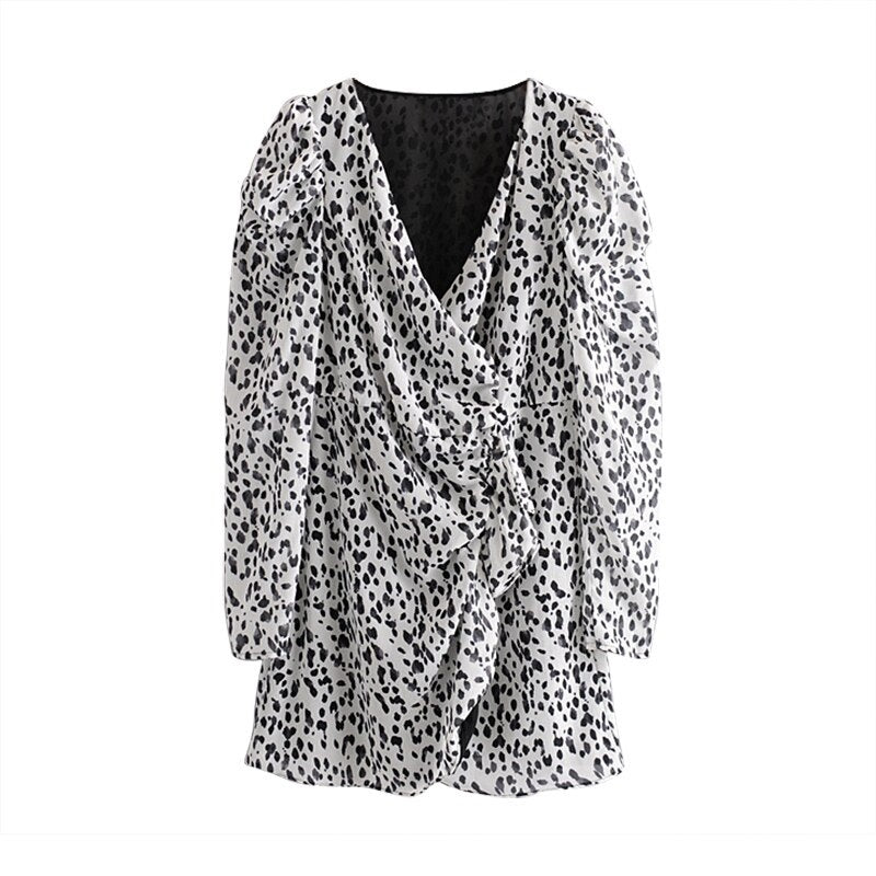 Leopard V Neck Puff Long Sleeve Street Wear Mini Dresses
