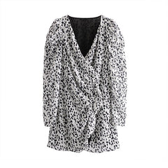 Leopard V Neck Puff Long Sleeve Street Wear Mini Dresses