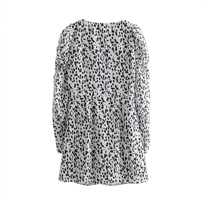 Leopard V Neck Puff Long Sleeve Street Wear Mini Dresses