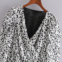 Leopard V Neck Puff Long Sleeve Street Wear Mini Dresses