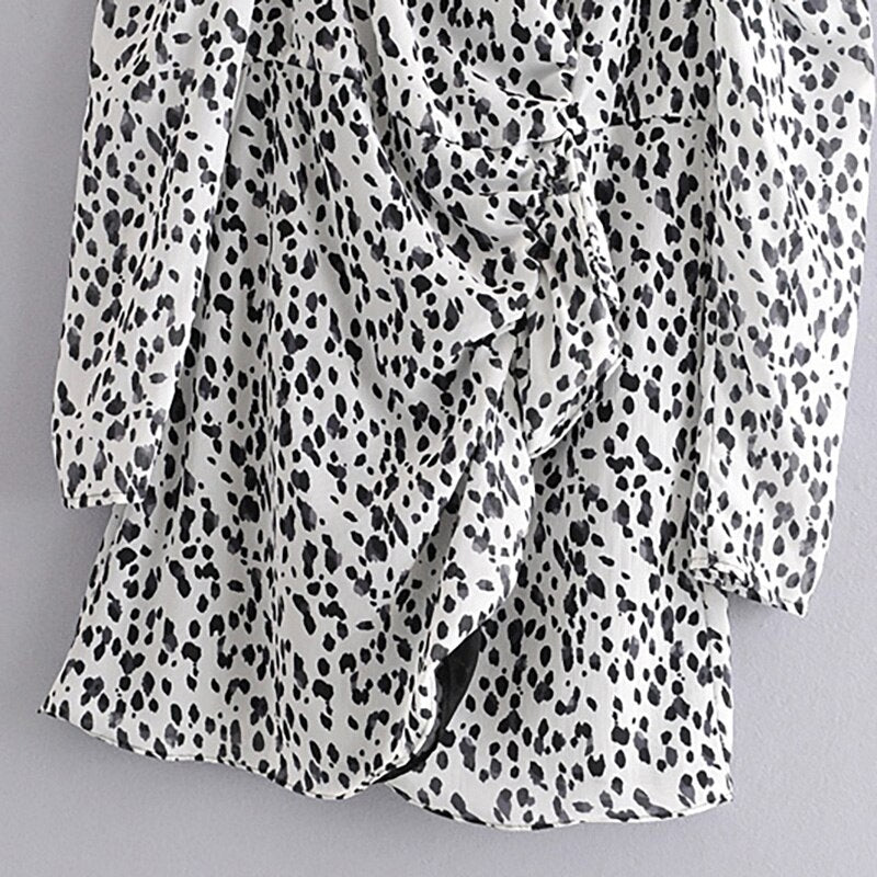 Leopard V Neck Puff Long Sleeve Street Wear Mini Dresses