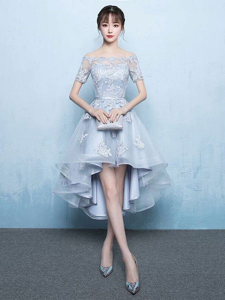 Off The Shoulder Applique Short Sleeve A Line Asymmetrical Graduation Dress