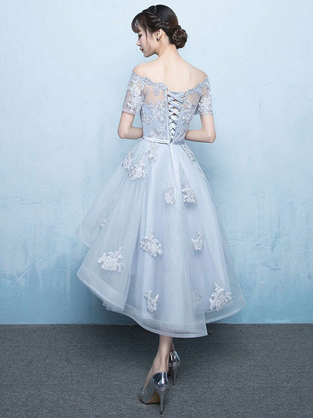 Off The Shoulder Applique Short Sleeve A Line Asymmetrical Graduation Dress