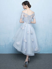 Off The Shoulder Applique Short Sleeve A Line Asymmetrical Graduation Dress