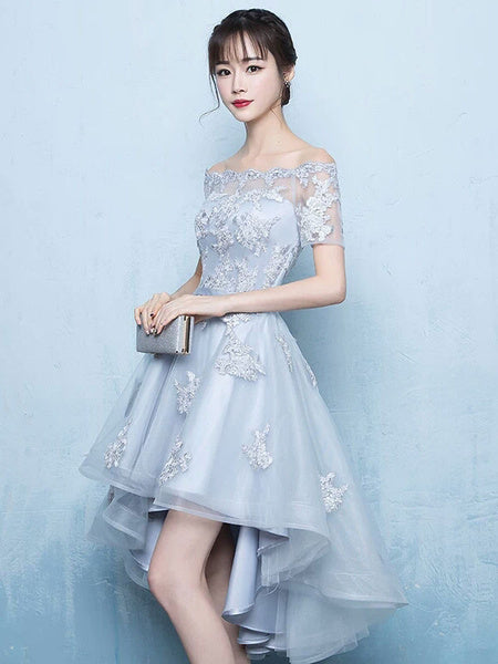 Off The Shoulder Applique Short Sleeve A Line Asymmetrical Graduation Dress