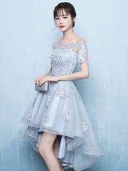 Off The Shoulder Applique Short Sleeve A Line Asymmetrical Graduation Dress