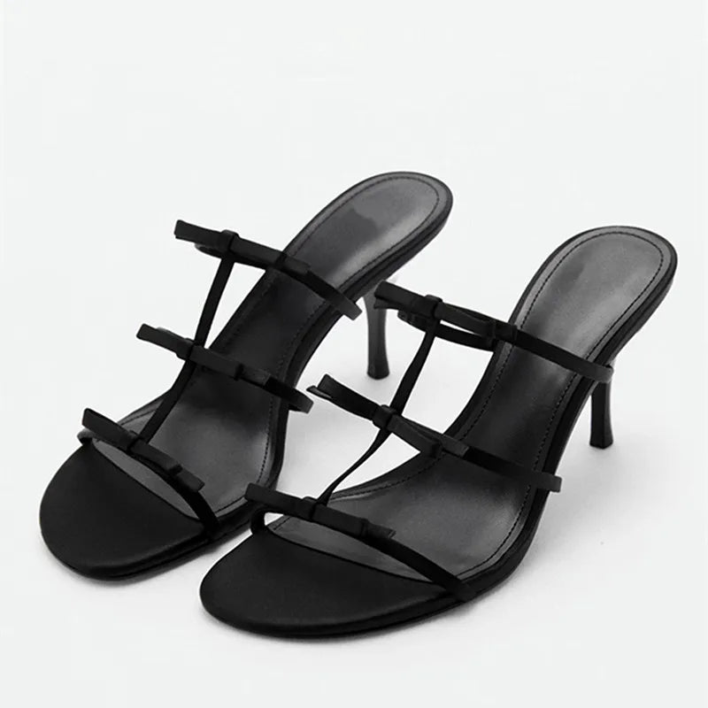 Lolita Style Bow-Adorned Slippers Open-Toe Thin High Heel