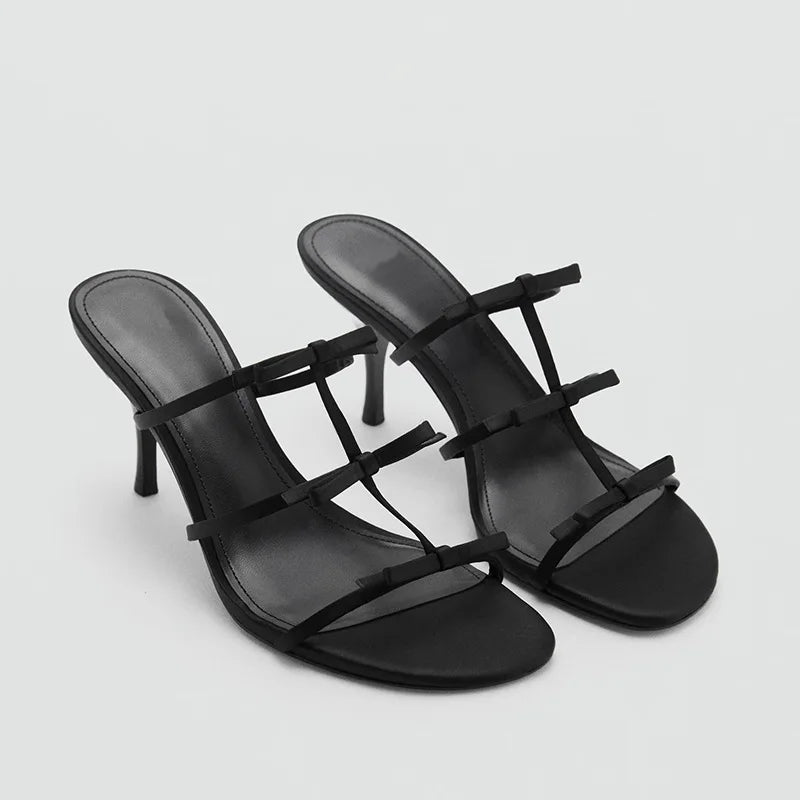 Lolita Style Bow-Adorned Slippers Open-Toe Thin High Heel