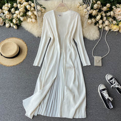 Long Cardigan Elastic Slim Solid Sweater Korean Chic Splice Pleated Outwear