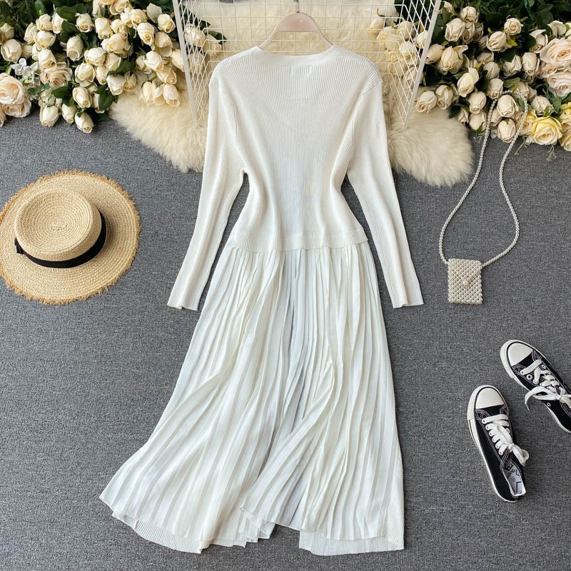 Long Cardigan Elastic Slim Solid Sweater Korean Chic Splice Pleated Outwear