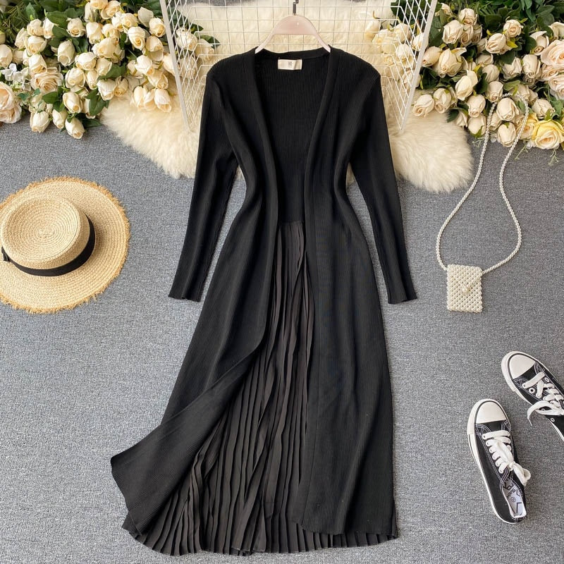 Long Cardigan Elastic Slim Solid Sweater Korean Chic Splice Pleated Outwear
