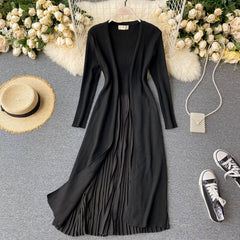 Long Cardigan Elastic Slim Solid Sweater Korean Chic Splice Pleated Outwear