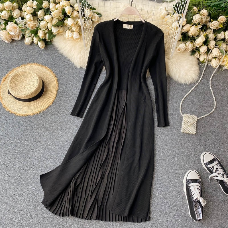 Long Cardigan Elastic Slim Solid Sweater Korean Chic Splice Pleated Outwear