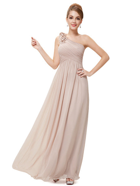 Long Chiffon One Shoulder Flower A Line Draping Wedding Party Bridesmaid Dress
