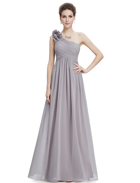 Long Chiffon One Shoulder Flower A Line Draping Wedding Party Bridesmaid Dress