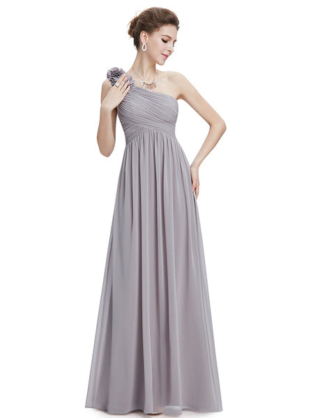 Long Chiffon One Shoulder Flower A Line Draping Wedding Party Bridesmaid Dress