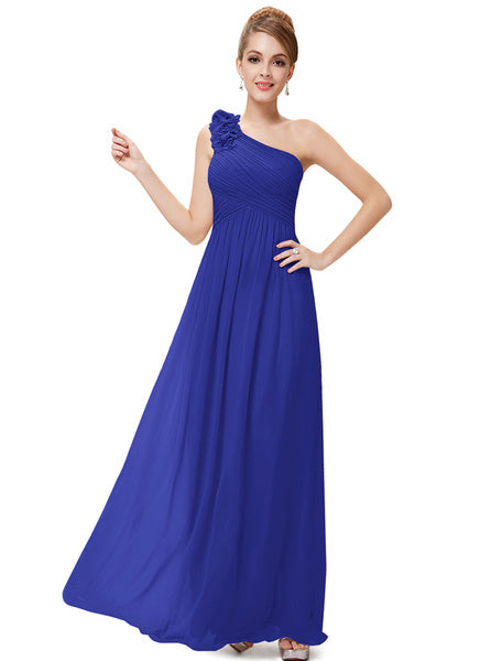 Long Chiffon One Shoulder Flower A Line Draping Wedding Party Bridesmaid Dress