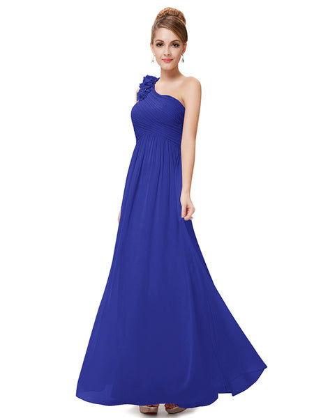 Long Chiffon One Shoulder Flower A Line Draping Wedding Party Bridesmaid Dress