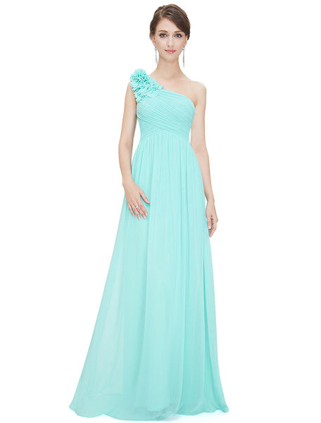 Long Chiffon One Shoulder Flower A Line Draping Wedding Party Bridesmaid Dress