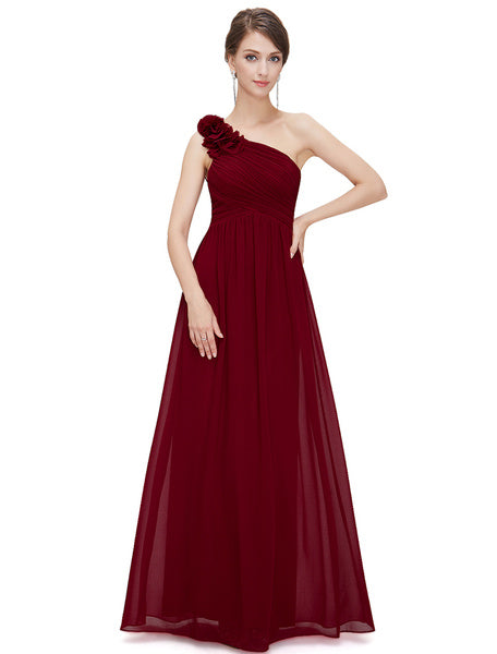 Long Chiffon One Shoulder Flower A Line Draping Wedding Party Bridesmaid Dress