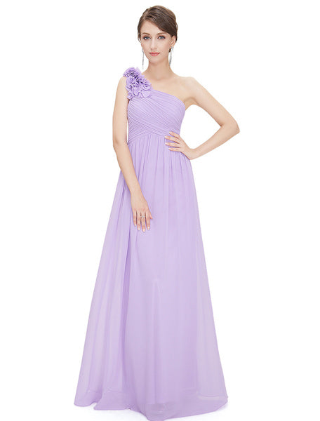 Long Chiffon One Shoulder Flower A Line Draping Wedding Party Bridesmaid Dress