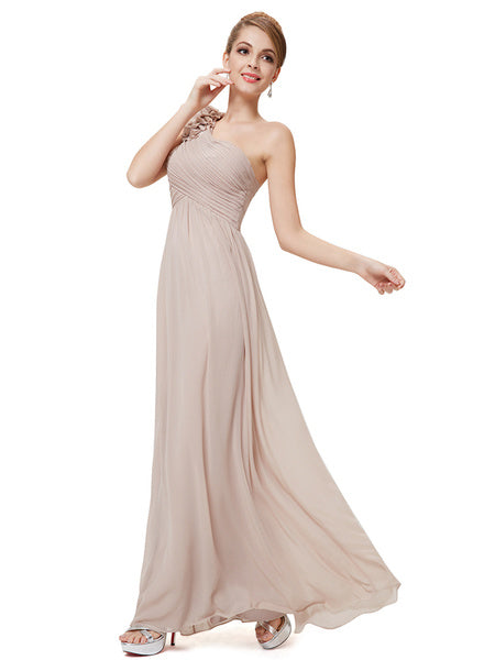 Long Chiffon One Shoulder Flower A Line Draping Wedding Party Bridesmaid Dress