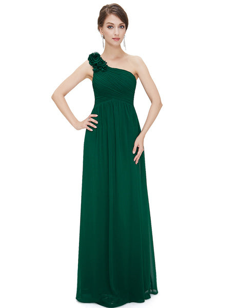 Long Chiffon One Shoulder Flower A Line Draping Wedding Party Bridesmaid Dress