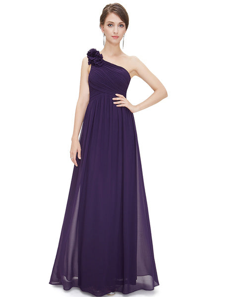 Long Chiffon One Shoulder Flower A Line Draping Wedding Party Bridesmaid Dress