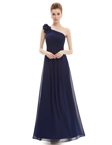 Long Chiffon One Shoulder Flower A Line Draping Wedding Party Bridesmaid Dress