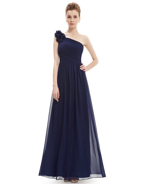 Long Chiffon One Shoulder Flower A Line Draping Wedding Party Bridesmaid Dress