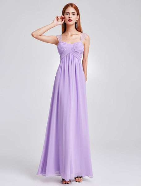 Long Chiffon Pleated Backless Straps Floor Length Prom Bridesmaid Dresses