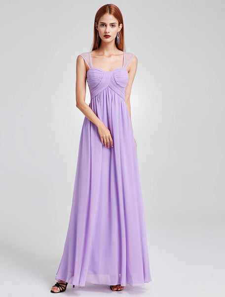 Long Chiffon Pleated Backless Straps Floor Length Prom Bridesmaid Dresses