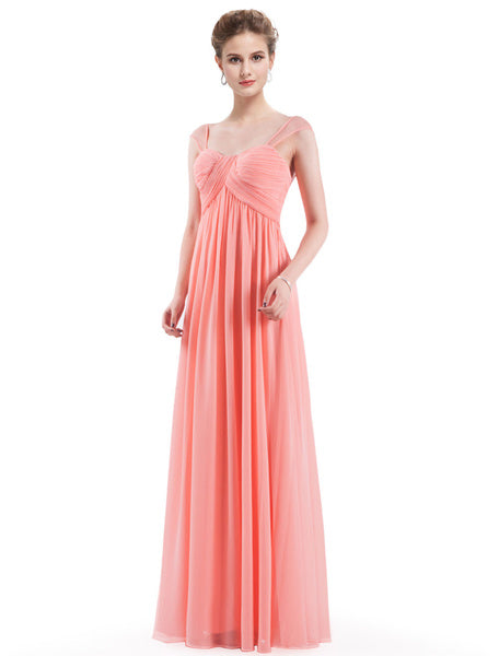 Long Chiffon Pleated Backless Straps Floor Length Prom Bridesmaid Dresses