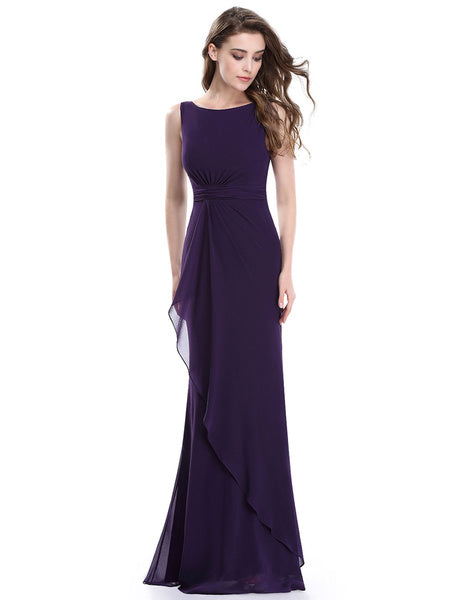 Long Chiffon Satin Cascading Ruffles V Back Sheath Floor Length Formal Bridesmaid Dresses